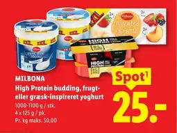 Lidl MILBONA High Protein budding, frugt- eller græsk-inspireret yoghurt tilbud