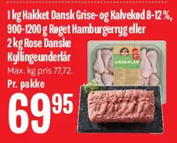 Min Købmand Hakket dansk grise- og kalvekød / Røget hamburgerryg / Rose danske kylling tilbud