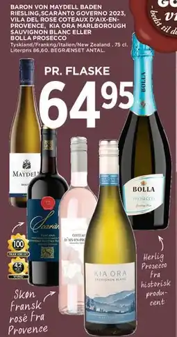 MENY Udvalgte vine (Baron von Maydell, Scaranto Governo, Vila del Rose, Kia Ora, Bolla Prosecco) tilbud
