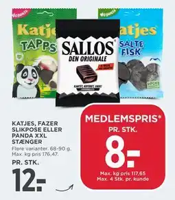 MENY KATJES, FAZER SLIKPOSE ELLER PANDA XXL STÆNGER tilbud