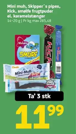 Løvbjerg Mini muh, Skipper's pipes, Kick, smølfe frugtpuder el. karamelstænger tilbud