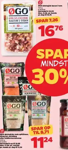 Netto ØGO økologiske - udvalg (røde splitlinser, kikærter, perlebyg, fuldkornscouscous) tilbud