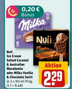 REWE DE Nuii Ice Cream Salted Caramel & Australian Macadamia oder Milka Vanilla & Chocolate Swirl tilbud