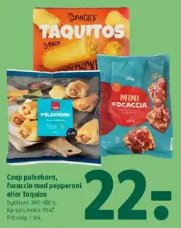 Coop 365 Coop pølsehorn, focaccia med pepperoni eller Taquitos tilbud