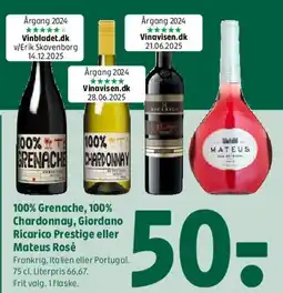 Coop 365 100% Grenache, 100% Chardonnay, Giordano Ricarco Prestige eller Mateus Rosé tilbud