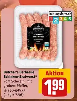 REWE DE Butcher's Barbecue Schinken-Bratwurst*, EUR 1.99 tilbud