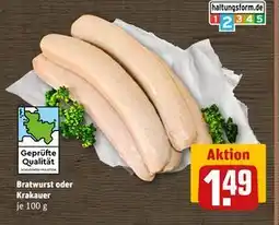 REWE DE Bratwurst oder Krakauer, EUR 1.49 tilbud