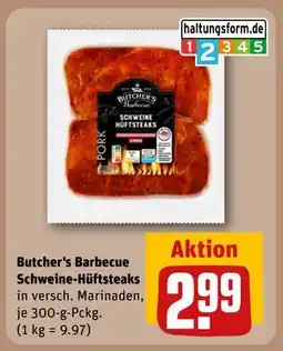 REWE DE Butcher's Barbecue Schweine-Hüftsteaks, EUR 2.99 tilbud