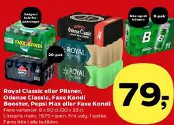 SuperBrugsen Royal Classic eller Pilsner / Odense Classic / Faxe Kondi / Pepsi Max tilbud