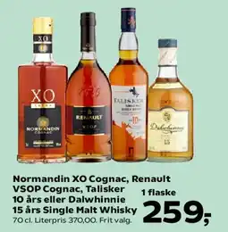 SuperBrugsen Normandin XO Cognac, Renault VSOP Cognac, Talisker 10 år eller Dalwhinnie 15 år Single Malt Whisky tilbud