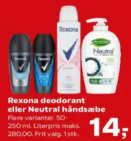 Kvickly Rexona deodorant eller Neutral håndsæbe tilbud