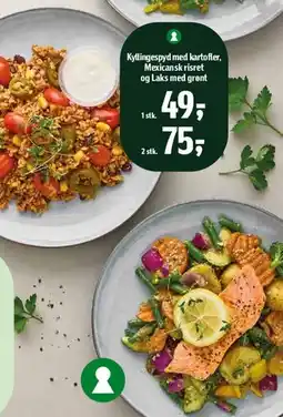 Føtex Kyllingespyd med kartofler, Mexicansk risret og Laks med grønt tilbud