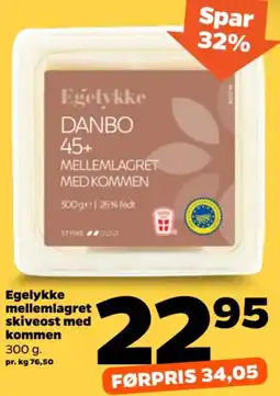Netto Egelykke mellemlagret skiveost med kommen tilbud