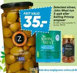 Bilka Zelected oliven, John West tun 3-pak eller Salling Princip ansjoser tilbud