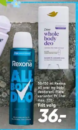 Bilka 50-150 ml Rexona all over my body deodorant tilbud