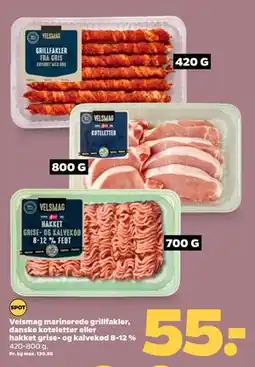 Netto Velsmag marinerede grillfakler, danske koteletter eller hakket grise- og kalvekød 8-12 % tilbud