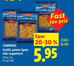 Lidl COMBINO Fusilli, penne rigate eller suppehorn tilbud