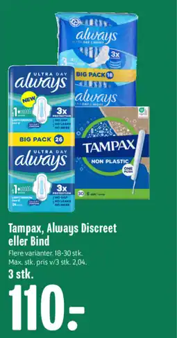 Min Købmand Tampax, always discreet eller bind tilbud