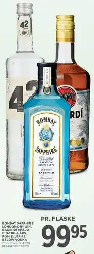 MENY Bombay Sapphire / Bacardi Añejo Cuatro / 42 Below Vodka (Pr. flaske) tilbud