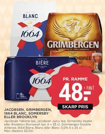 MENY Jacobsen, Grimbergen, 1664 Blanc, Somersby eller Brooklyn tilbud