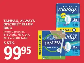 MENY Tampax, Always Discreet eller bind tilbud