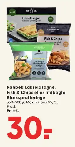 SPAR Rahbek Lakselasagne, Fish & Chips eller Indbagte Blæksprutteringe tilbud