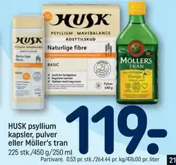 REMA 1000 HUSK psyllium kapsler, pulver eller Möller's tran tilbud