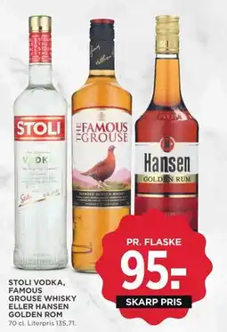 MENY STOLI VODKA, FAMOUS GROUSE WHISKY ELLER HANSEN GOLDEN ROM tilbud