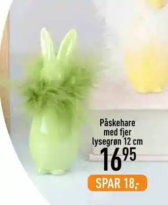 Påskehare med fjer lysegrøn 12 cm