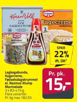 Fleggaard Lagkagebunde, Kagecreme, Fødselsdagskrymmel el. Rasmus Klump Marmelade tilbud
