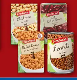 Lidl FRESHONA Kikærter, kidneybønner i vand, baked beans eller linser i lage tilbud