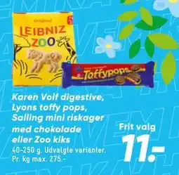 Bilka Karen Volf digestive, Lyons toffy pops, Salling mini risk ager med chokolade eller Zoo kiks tilbud