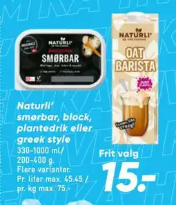 Bilka Naturli’ smørbar, block, plantedrik eller greek style tilbud
