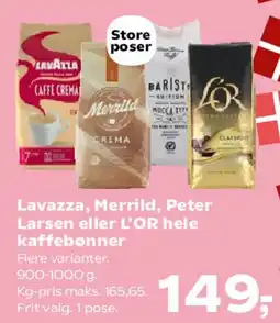 SuperBrugsen Lavazza, Merrild, Peter Larsen eller L'OR hele kaffebønner tilbud