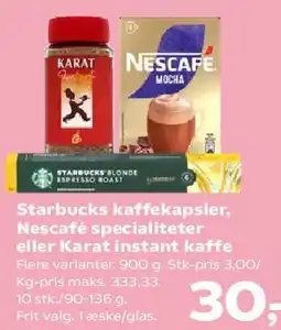 SuperBrugsen Starbucks kaffekapsler, Nescafé specialiteter eller Karat instant kaffe tilbud