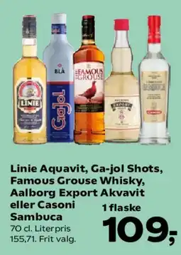 Kvickly Linie Aquavit, Gajol Shots, Famous Grouse Whisky, Aalborg Export Akvavit eller Casoni Sambuca tilbud