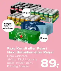 Kvickly Faxe Kondi eller Pepsi Max / Heineken / Royal (pakke) tilbud