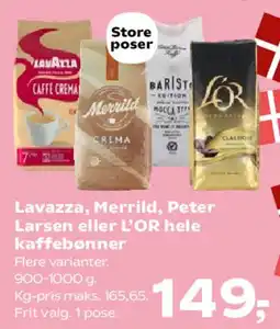 Kvickly Lavazza, Merrild, Peter Larsen eller L'OR hele kaffebønner tilbud