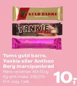 Kvickly Toms guld barre, Yankie eller Anthon Berg marcipanbrød tilbud