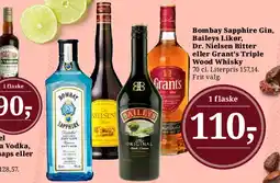 Dagli'Brugsen Bombay Sapphire Gin, Baileys Likør, Dr. Nielsen Bitter eller Grant's Triple Wood Whisky tilbud