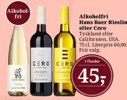 Dagli'Brugsen Alkoholfri Hans Baer Riesling eller Cero tilbud