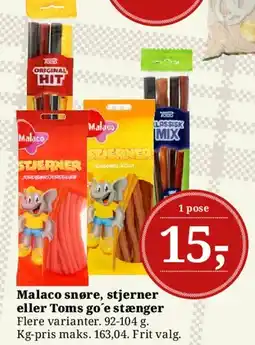 Dagli'Brugsen Malaco snøre, stjerner eller Toms go'e stænger tilbud