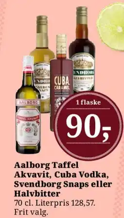 Dagli'Brugsen Aalborg Taffel Akvavit, Cuba Vodka, Svendborg Snaps eller Halvbitter tilbud