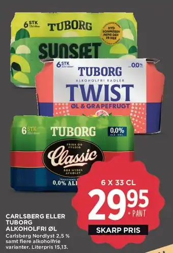 MENY Carlsberg eller Tuborg alkoholfri øl (6 x 33 cl) tilbud
