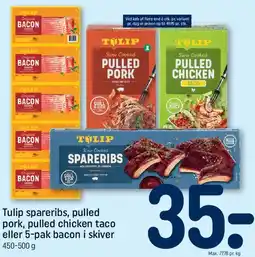 REMA 1000 Tulip spareribs, pulled pork, pulled chicken taco eller 5-pak bacon i skiver tilbud