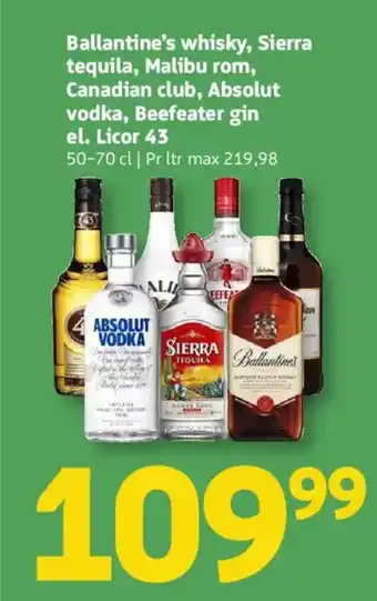 Løvbjerg Ballantine's whisky, sierra tequila, malibu rom, canadian club, absolut vodka, beefeater gin el. licor 43 tilbud