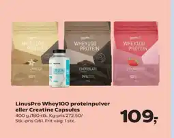 Kvickly LinusPro Whey100 proteinpulver eller Creatine Capsules tilbud