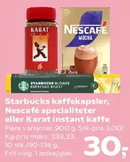 Kvickly Starbucks kaffekapsler, Nescafé eller Karat instant kaffe tilbud