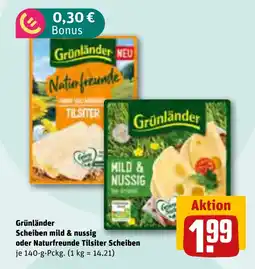 REWE DE Grünländer Scheiben mild & nussig oder Naturfreunde Tilsiter Scheiben tilbud