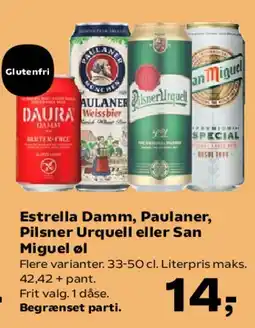 SuperBrugsen Estrella Damm, Paulaner, Pilsner Urquell eller San Miguel øl tilbud